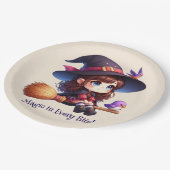 Niedliche Hexe mit 2 Vögeln, Halloween Pappteller (Schrägansicht)