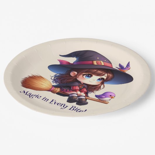 Niedliche Hexe mit 2 Vögeln, Halloween Pappteller (Schrägansicht)
