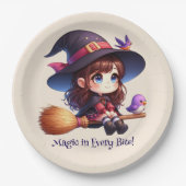 Niedliche Hexe mit 2 Vögeln, Halloween Pappteller (Vorderseite)