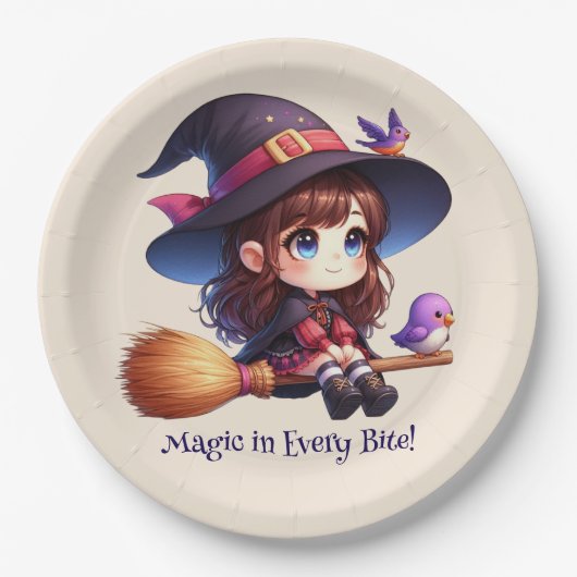 Niedliche Hexe mit 2 Vögeln, Halloween Pappteller (Vorderseite)