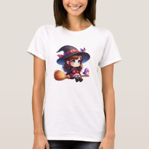 Niedliche Hexe mit 2 Vögeln, Halloween T-Shirt
