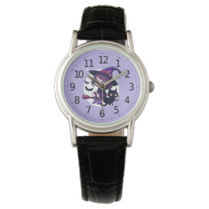 Niedliche Hexe mit einem Broom Black Cat Bats Moon Armbanduhr