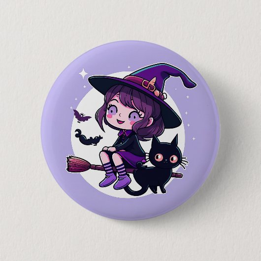 Niedliche Hexe mit einem Broom Black Cat Bats Moon Button (Vorderseite)