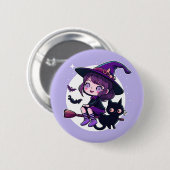 Niedliche Hexe mit einem Broom Black Cat Bats Moon Button (Vorne & Hinten)