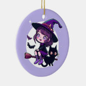 Niedliche Hexe mit einem Broom Black Cat Bats Moon Keramik Ornament (Rechts)