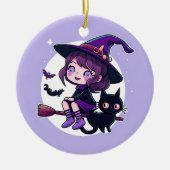 Niedliche Hexe mit einem Broom Black Cat Bats Moon Keramik Ornament (Vorne)