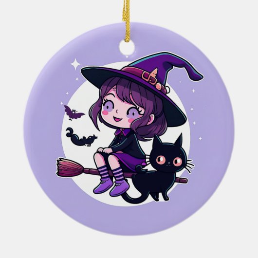 Niedliche Hexe mit einem Broom Black Cat Bats Moon Keramik Ornament (Hinten)