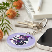 Niedliche Hexe mit einem Broom Black Cat Bats Moon Schlüsselanhänger (Vorderseite rechts)