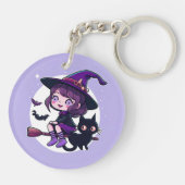 Niedliche Hexe mit einem Broom Black Cat Bats Moon Schlüsselanhänger (Rückseite)