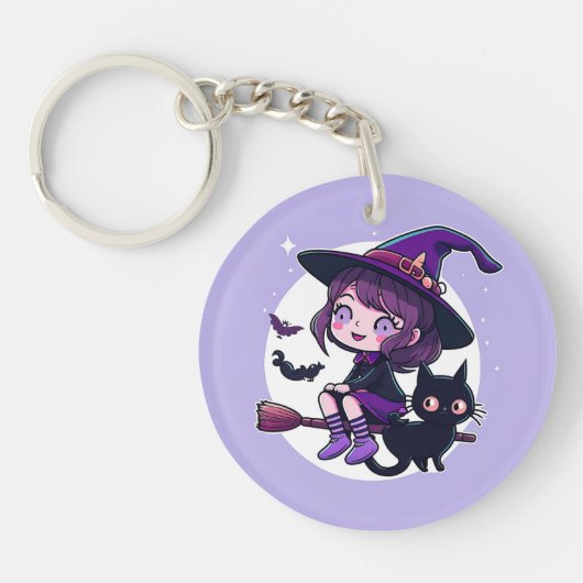 Niedliche Hexe mit einem Broom Black Cat Bats Moon Schlüsselanhänger (Vorderseite)