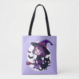 Niedliche Hexe mit einem Broom Black Cat Bats Moon Tasche