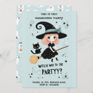 Niedliche Hexe mit Halloween Pun Party Einladung