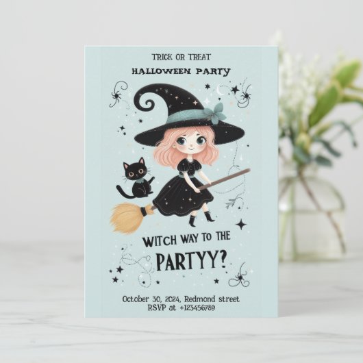 Niedliche Hexe mit Halloween Pun Party Einladung (Stehend Vorderseite)