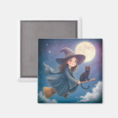 Niedliche Hexe mit Katzenmagnet Magnet (Vorderseite/Rückseite)