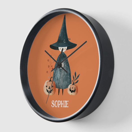 Niedliche Hexe und Jack-o-Lanterns Burnt Orange Ki Uhr (Winkel)