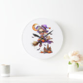 Niedliche Hexe und Kätzchen auf einem Zimmer Große Wanduhr (Zuhause)