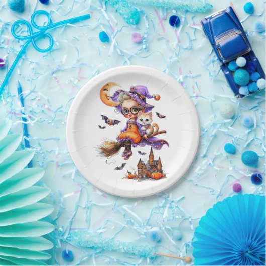 Niedliche Hexe und Kätzchen auf einem Zimmer Pappteller (Party)