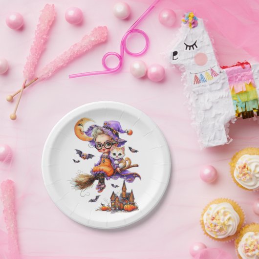Niedliche Hexe und Kätzchen auf einem Zimmer Pappteller (Party)