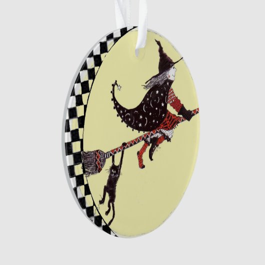 Niedliche Hexe und Katze auf Besen Ornament (Vorderseite)