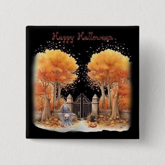 Niedliche Hexe und Katze Außentor Halloween Button (Vorderseite)