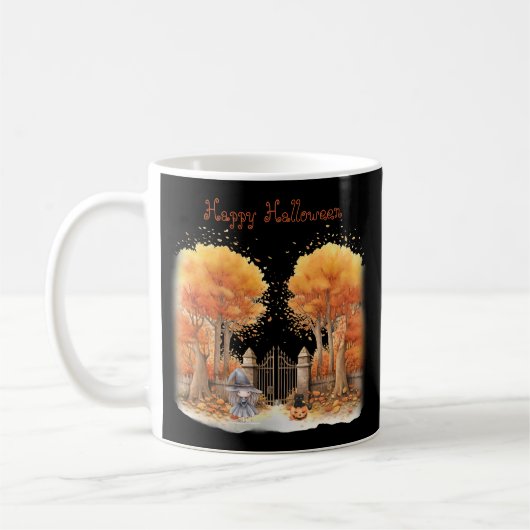 Niedliche Hexe und Katze Außentor Halloween Kaffeetasse (Links)