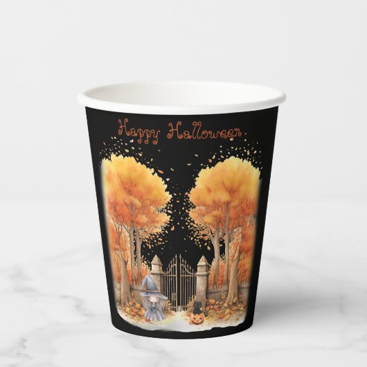 Niedliche Hexe und Katze Außentor Halloween Pappbecher (Vorderseite)
