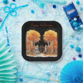 Niedliche Hexe und Katze Außentor Halloween Pappteller (Party)