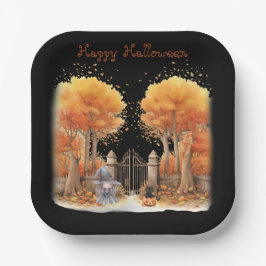 Niedliche Hexe und Katze Außentor Halloween Pappteller