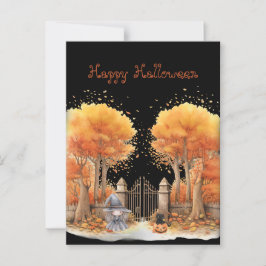 Niedliche Hexe und Katze Außentor Halloween Postkarte