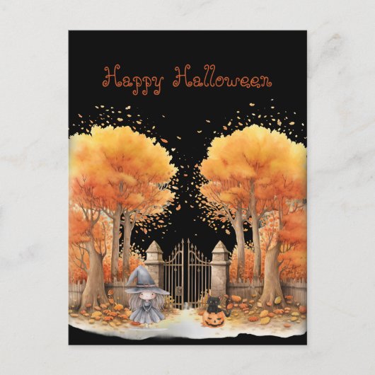 Niedliche Hexe und Katze Außentor Halloween Postkarte (Vorderseite)