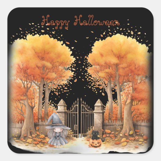 Niedliche Hexe und Katze Außentor Halloween Quadratischer Aufkleber (Vorderseite)