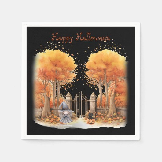 Niedliche Hexe und Katze Außentor Halloween Serviette (Vorderseite)