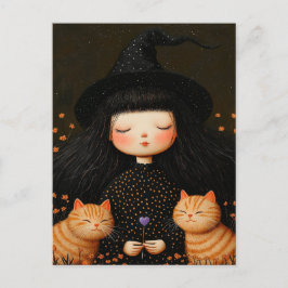 Niedliche Hexe und Katze Halloween Postkarte
