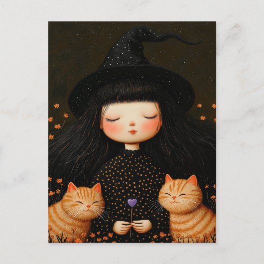Niedliche Hexe und Katze Halloween Postkarte (Vorderseite)