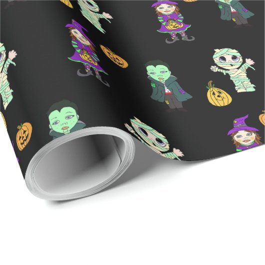 Niedliche Hexe, Vampire und Mummy-Halloween-Party Geschenkpapier (Rolleneckpunkt)