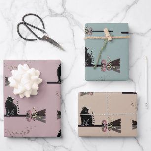 Niedliche Hexen Blütenrosa Broomstick Schwarze Kat Geschenkpapier Set