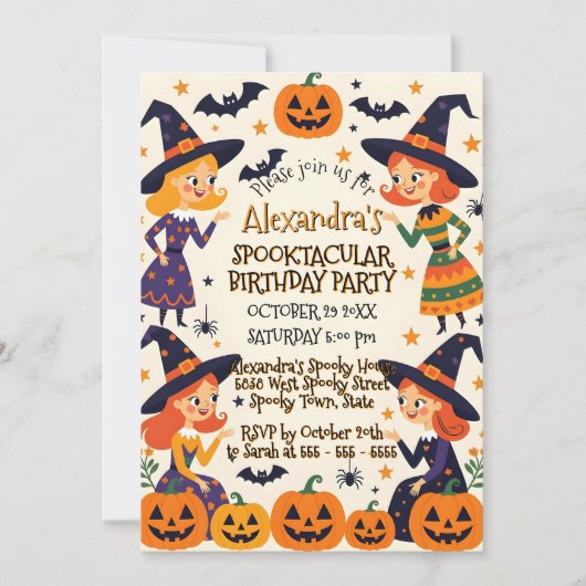 Niedliche Hexen & Kürbispflaster Halloween Einladung (Vorderseite)