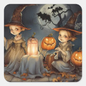 Niedliche Hexen Pumpkin Halloween Fledermäuse Quadratischer Aufkleber (Vorderseite)