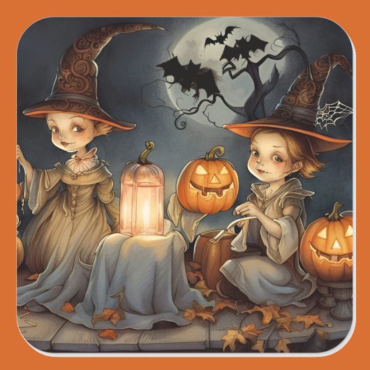 Niedliche Hexen Pumpkin Halloween Fledermäuse Quadratischer Aufkleber