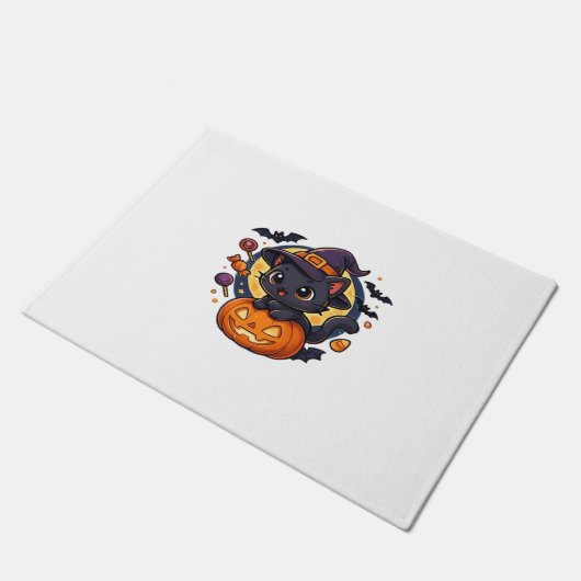 Niedliche Hexenkatze auf Kürbis - Halloween Art Ov Fußmatte (Schrägansicht)