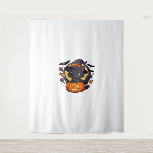 Niedliche Hexenkatze auf Kürbis - Halloween Art Ov Wandteppich (Vorderseite)