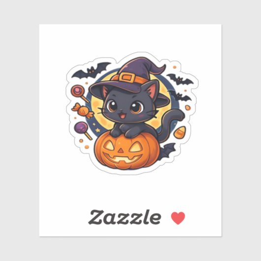 Niedliche Hexenkatze auf Kürbiskahn � Halloween Ar Aufkleber (Blatt)