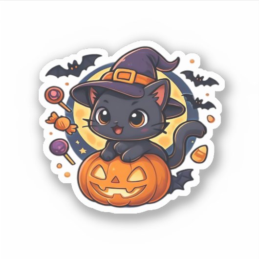 Niedliche Hexenkatze auf Kürbiskahn � Halloween Ar Aufkleber (Vorderseite)