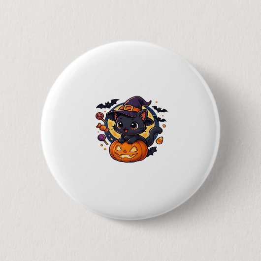 Niedliche Hexenkatze auf Kürbiskahn � Halloween Ar Button (Vorderseite)