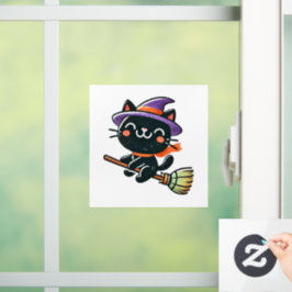 Niedliche Hexenkatze, die auf einem Besen fliegt - Fensteraufkleber