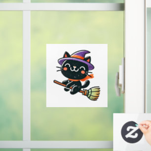 Niedliche Hexenkatze, die auf einem Besen fliegt - Fensteraufkleber