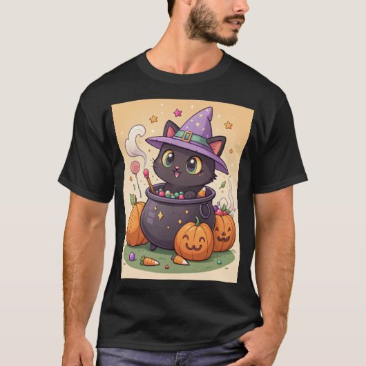 Niedliche Hexenkatze in Cauldron Halloween T - Shi T-Shirt (Vorderseite)
