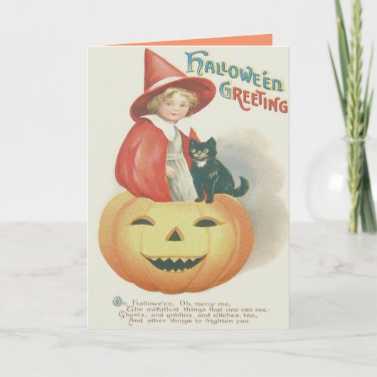 Niedliche Hexenkatze-Kürbislaterne Karte (Vorderseite)