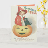 Niedliche Hexenkatze-Kürbislaterne Karte (Gelbe Blume)