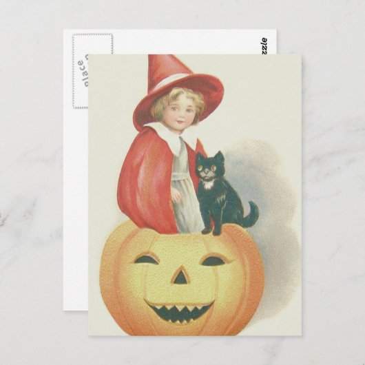Niedliche Hexenkatze-Kürbislaterne Postkarte (Vorne/Hinten)